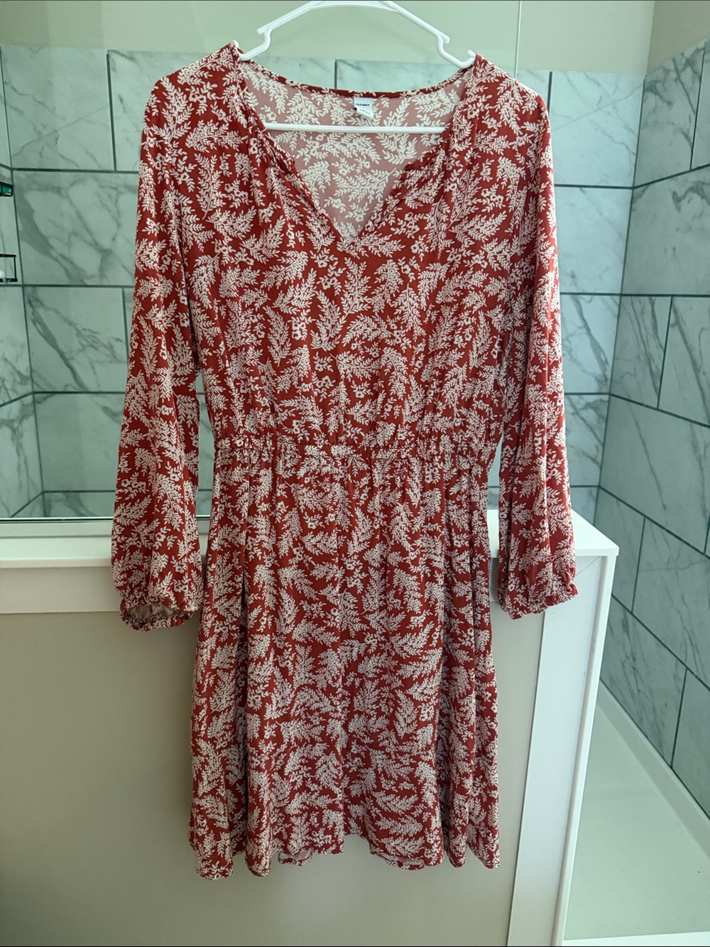 Old Navy Red Floral Midi Dress with White Leaf Print